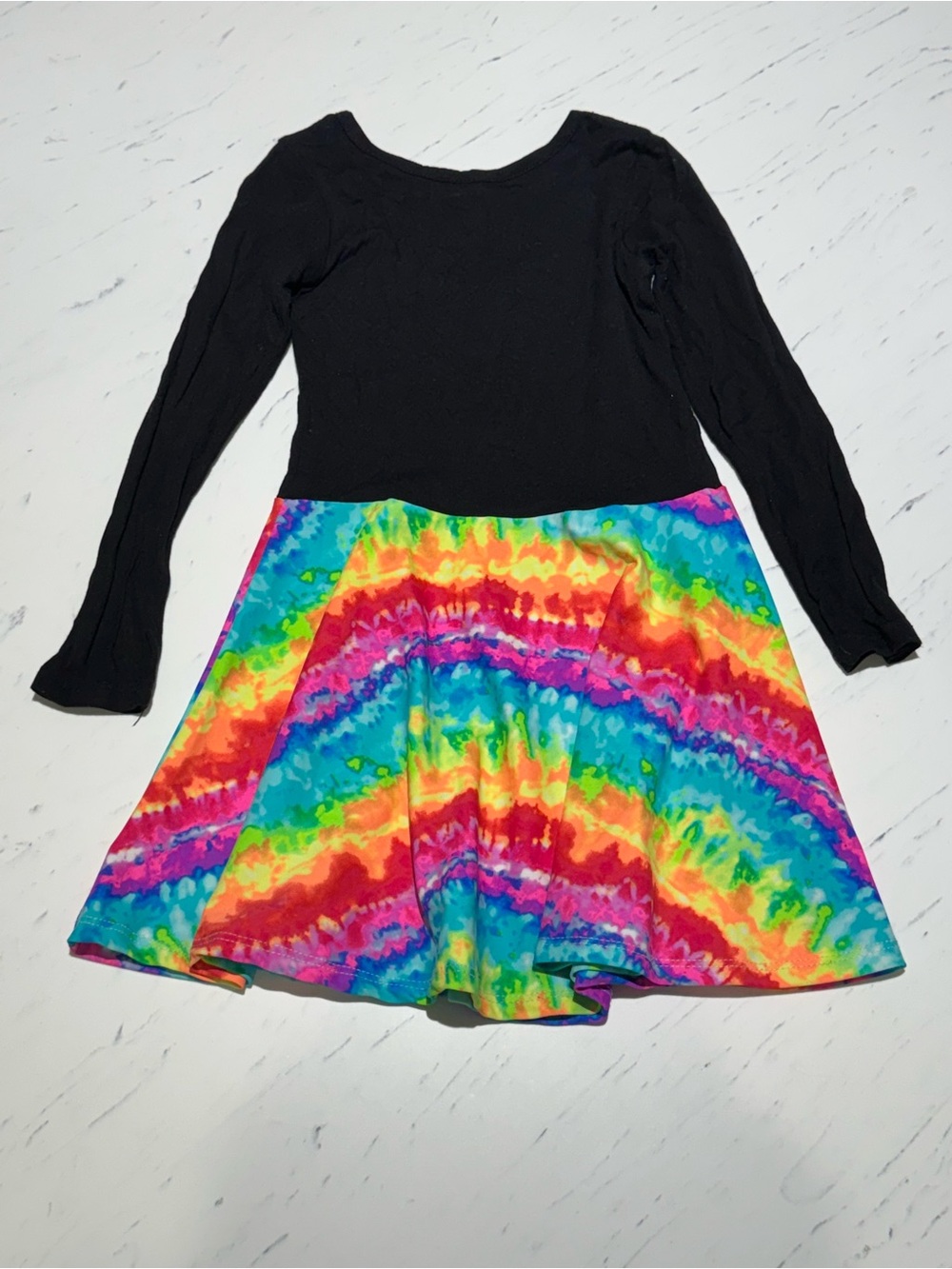 Pixielane Girls 4T Long Sleeve Dress Black Top with Rainbow Tie-Dye Skirt